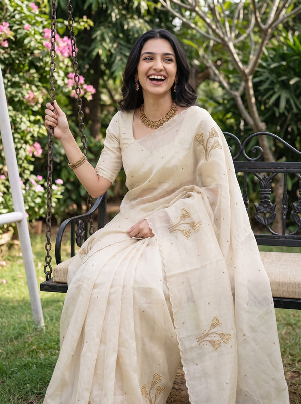 Linen Cream Saree with Golden Beadwork Floral Sprig Motifs and Scallop Border
