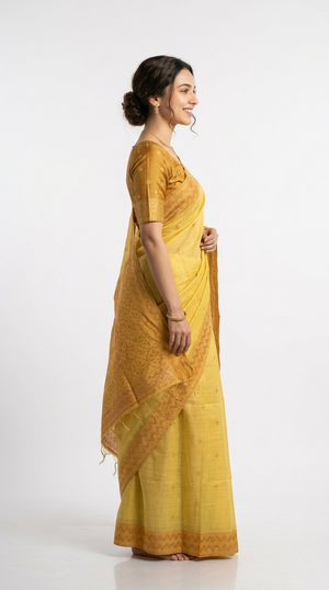 Soft Cotton Lemon Yellow Ethnic Motif Saree