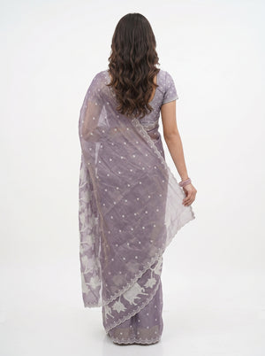 Shimmer Organza Lavender Grey Animal Motif Print Saree with Pearl Scalloped Border