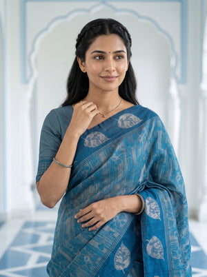 Matka Silk Teal Peacock Golden Zari Floral Checkered Pallu