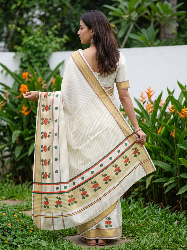 Cotton Cream Orange Lotus Print Kerala Saree with Green Polka Dot Border