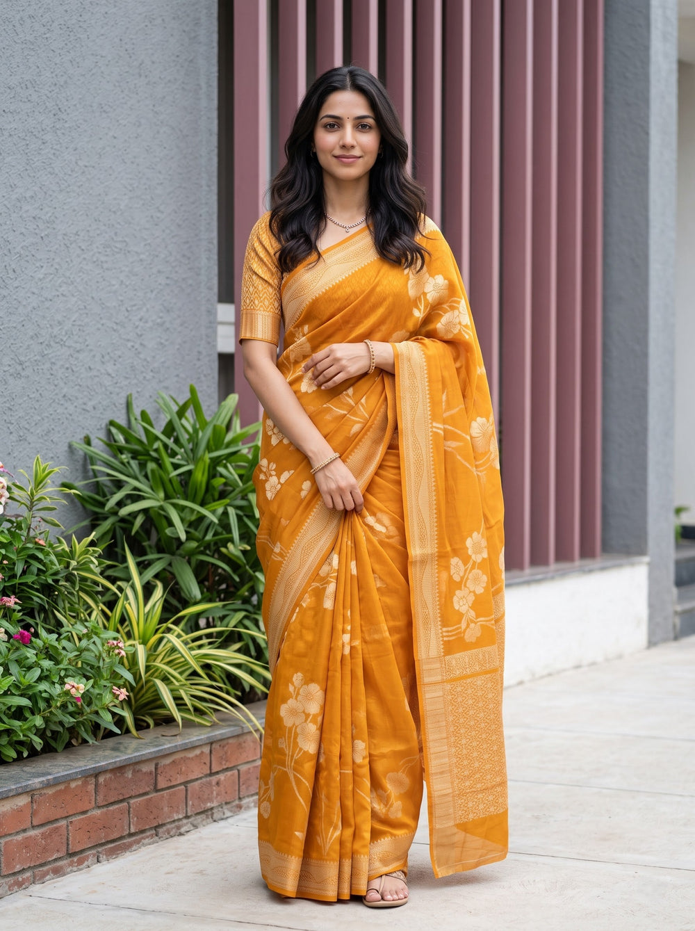 Organza Mustard Zari Flower Branch Butta Woven Border Saree