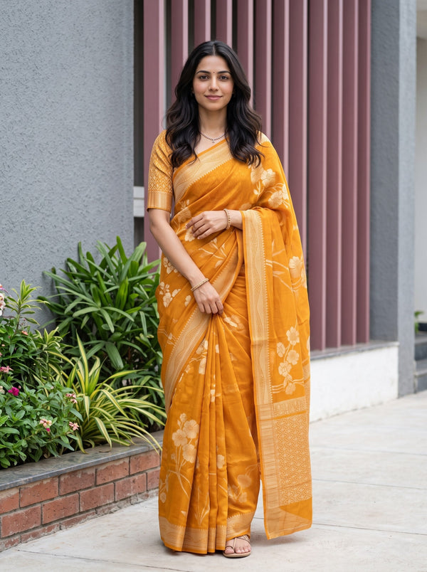 Organza Mustard Zari Flower Branch Butta Woven Border Saree