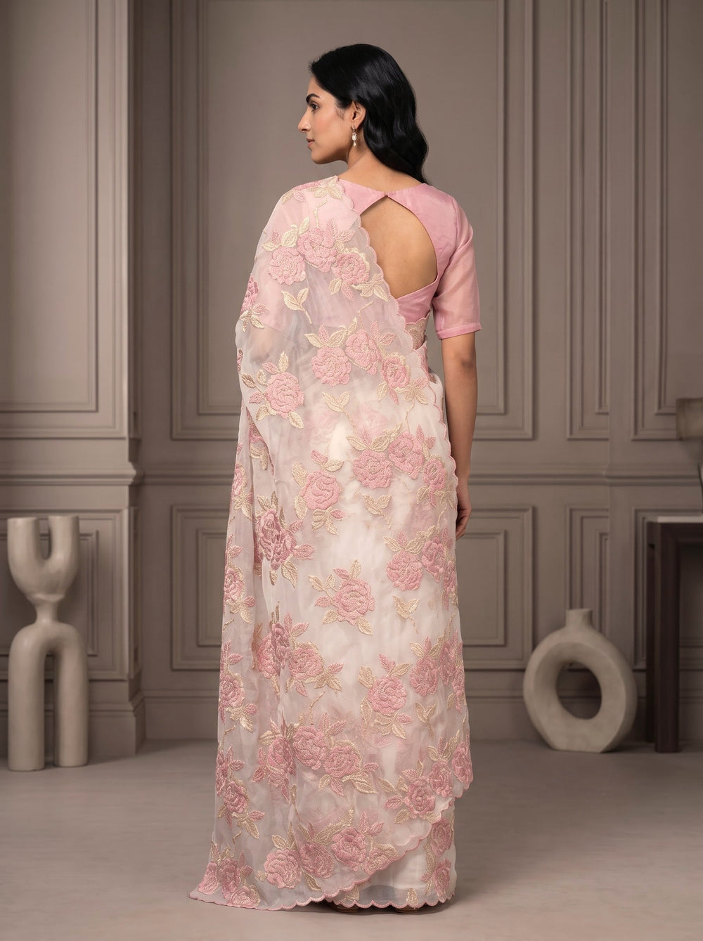 Turkish Organza Blush Pink Golden Rose Bunch Embroidery Scalloped Border Saree