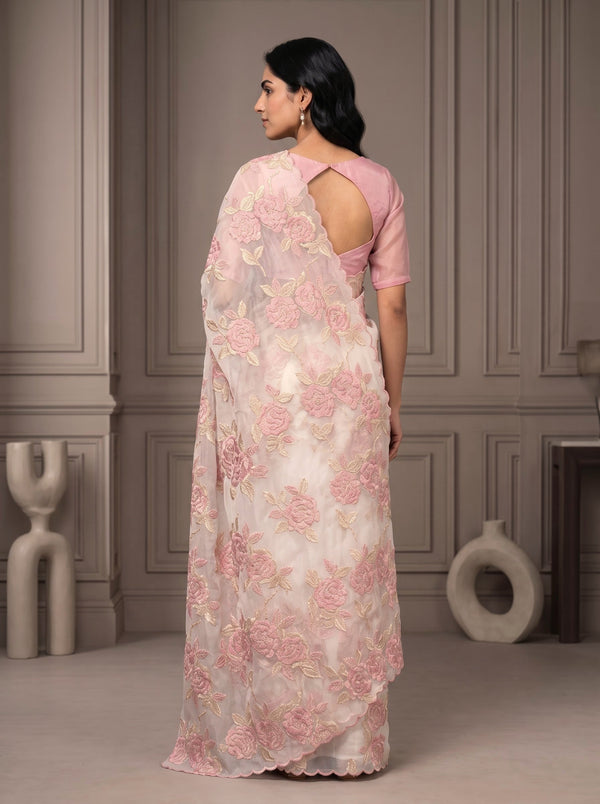 Turkish Organza Blush Pink Golden Rose Bunch Embroidery Scalloped Border Saree