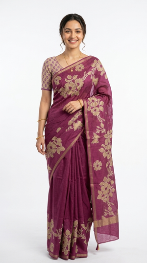 Cotton Purple Floral Embroidered Saree
