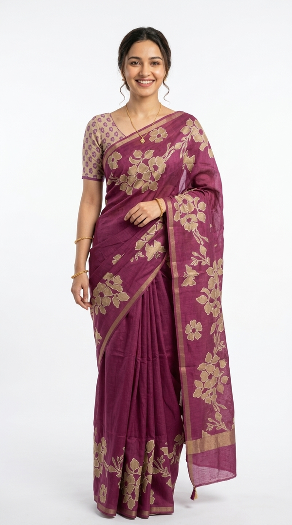 Cotton Purple Floral Embroidered Saree
