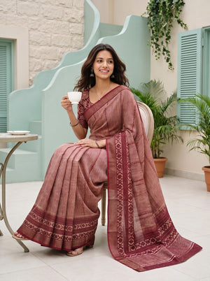 Pure Chanderi Maroon Saree with Ikat Stripe Print and Diamond Border