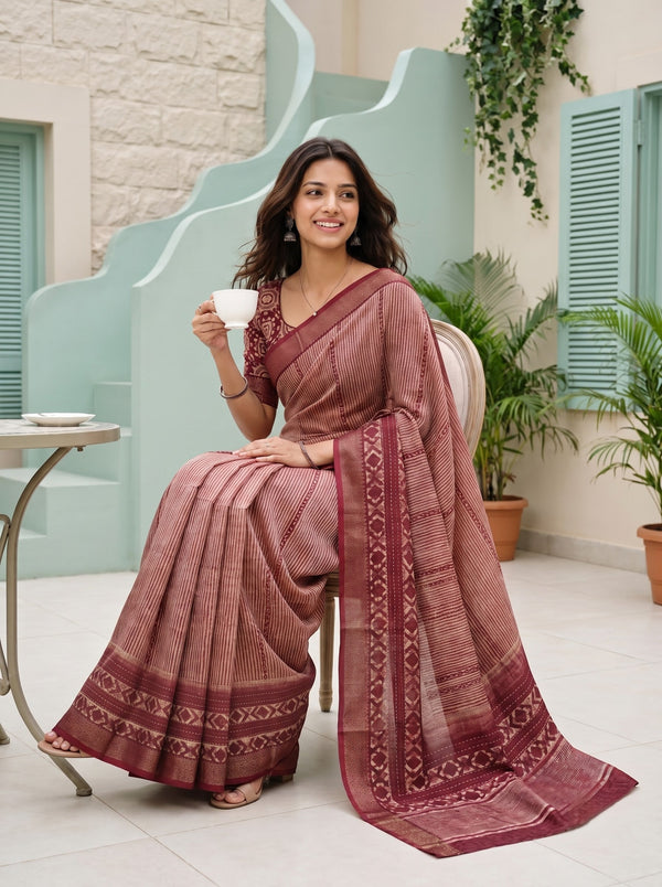 Pure Chanderi Maroon Saree with Ikat Stripe Print and Diamond Border