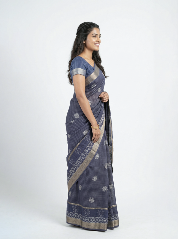 Cotton Silk Navy Blue Checkered Booti Saree with Zari Ikat Border