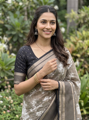 Chanderi Taupe Grey White Floral Print Saree
