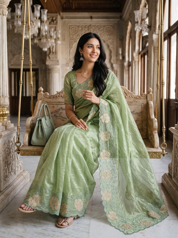 Organza Sage Green Floral Applique Vine Scalloped Border