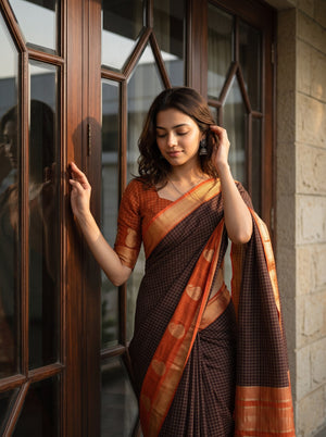 Semi Silk Deep Brown Check Weave Saree with Rust Orange Paisley Border