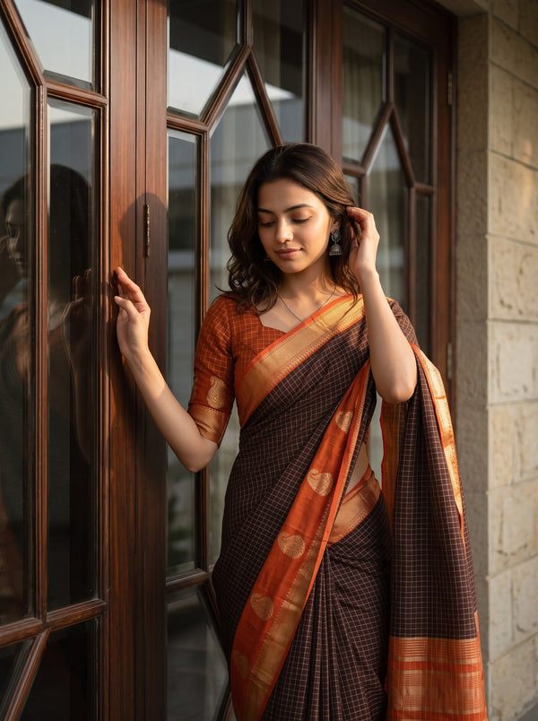 Semi Silk Deep Brown Check Weave Saree with Rust Orange Paisley Border
