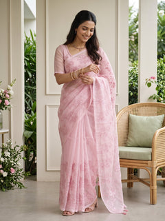 Organza Pink Self-Tone Floral Vine Embroidery Lotus Border Saree
