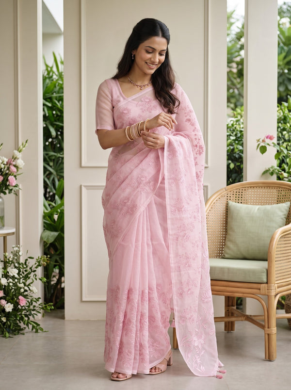 Organza Pink Self-Tone Floral Vine Embroidery Lotus Border Saree