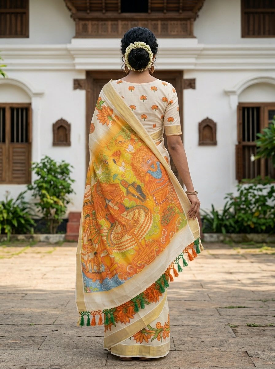 Tissue Cream Floral Mural Scene Print Tasseled Kerala Set Saree
