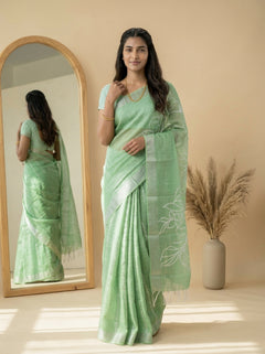 Linen Sea Green Floral Print Saree with Silver Striped Border