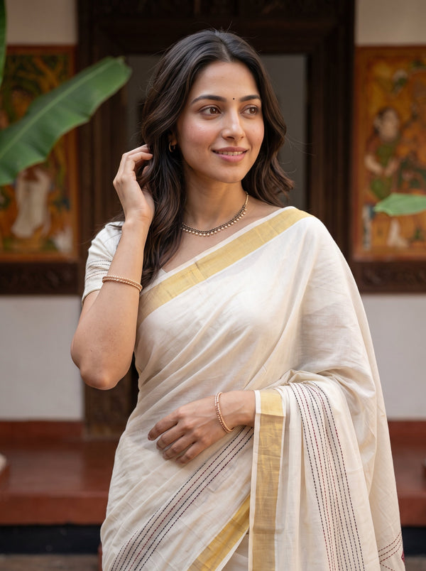 Cotton Cream Ajrakh Triangle Patchwork Kantha Stitch Pallu Golden Kasavu Border Kerala Saree