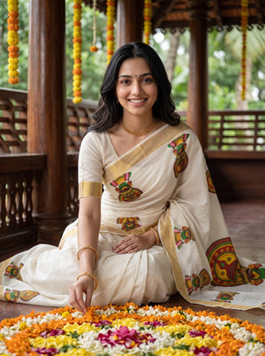 Cotton Off-White Kathakali Face Print Onam Special Kerala Saree