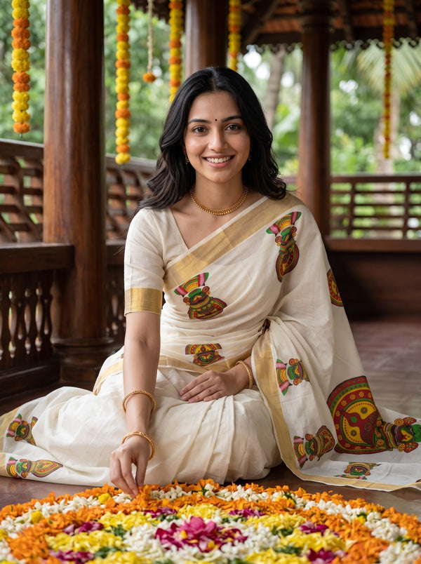 Cotton Off-White Kathakali Face Print Onam Special Kerala Saree