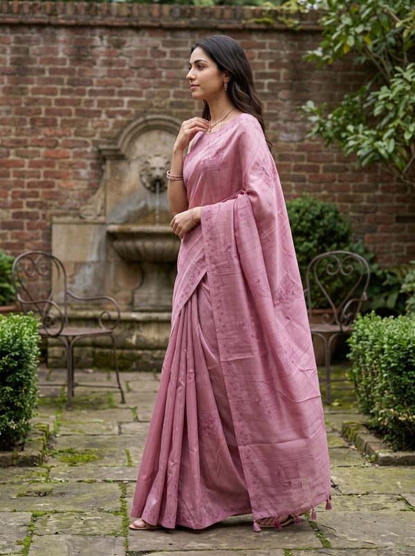 Semi Tussar Rose Pink Self Stripe Cutwork Embroidery Saree with Tassels