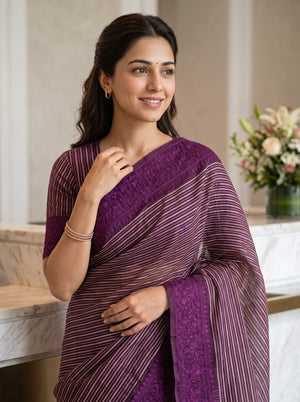 Pure Organza Wine Magenta Floral Butta Striped Border