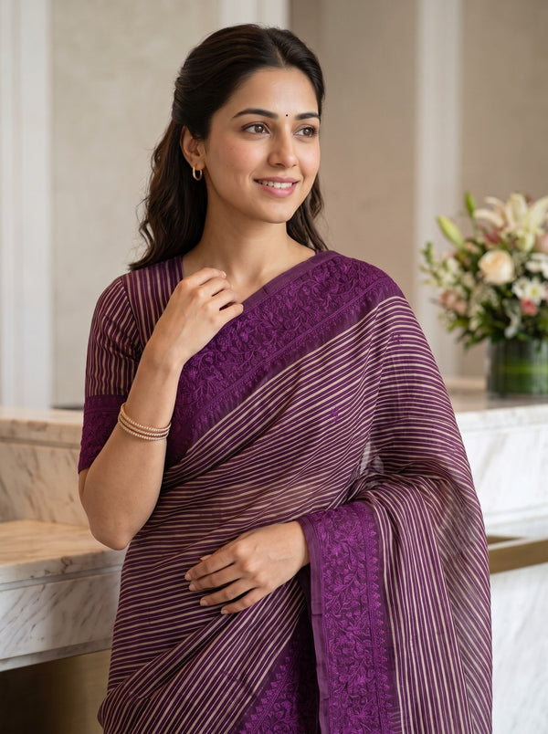 Pure Organza Wine Magenta Floral Butta Striped Border