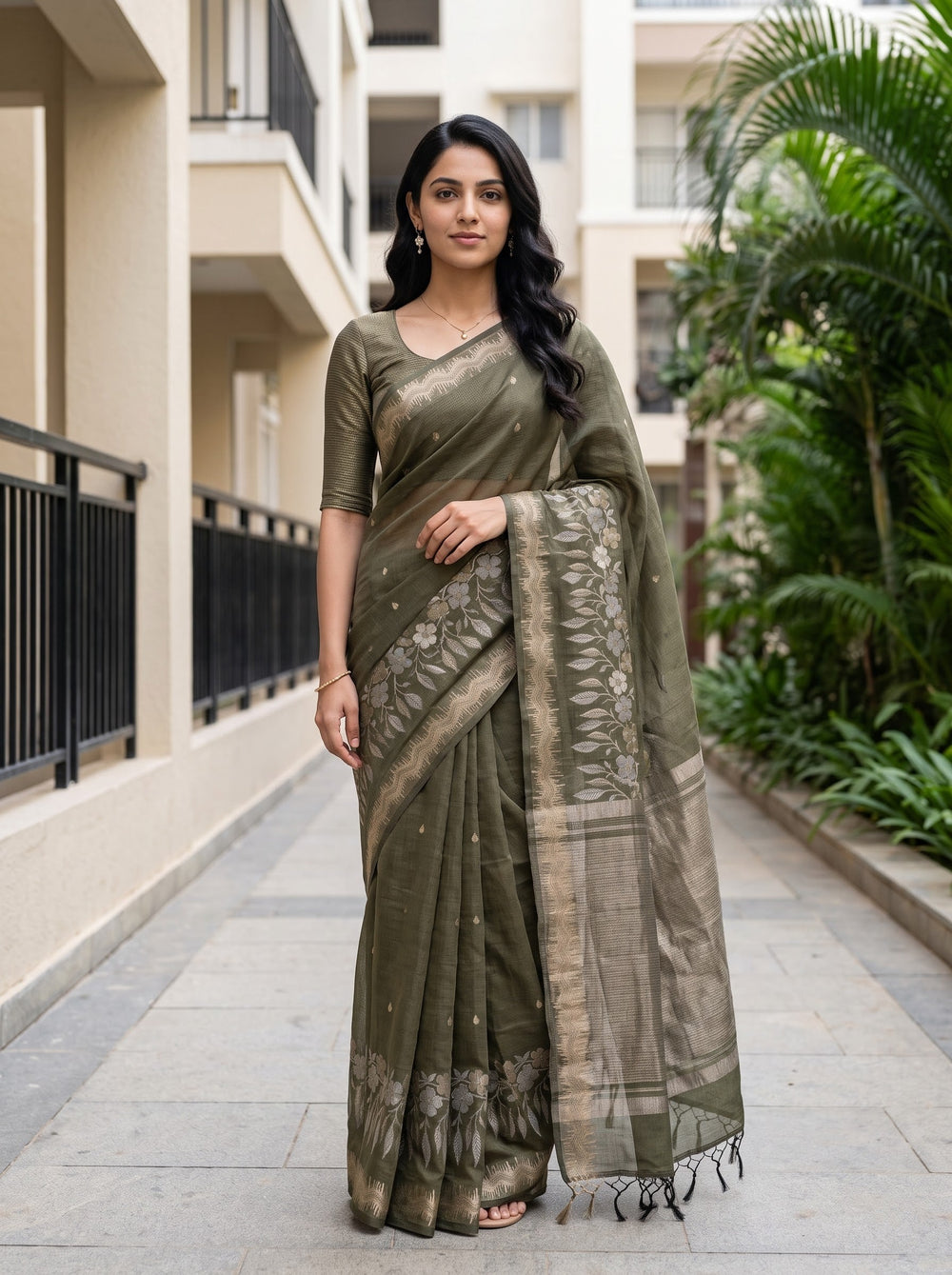 Cotton Silk Olive Green Silver Paisley Drop Motif Saree