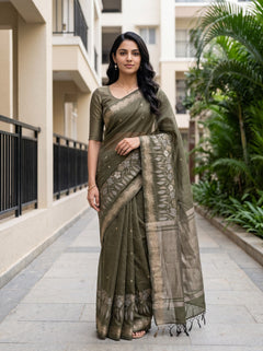 Cotton Silk Olive Green Silver Paisley Drop Motif Saree