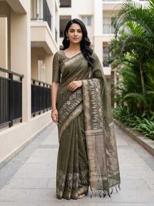 Cotton Silk Olive Green Silver Paisley Drop Motif Saree