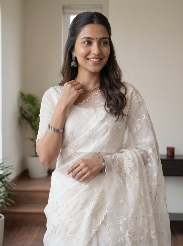 Organza White Self-Tone Floral Embroidery Saree
