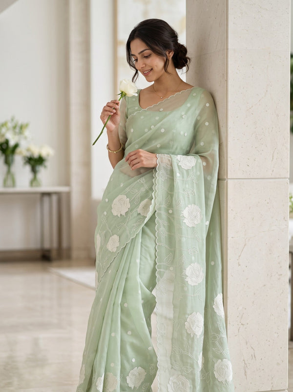 Organza Pastel Green Saree with Floral Border and Dot Booti