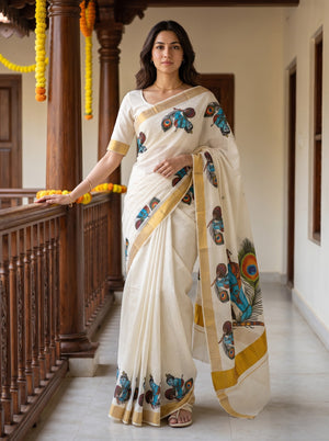 Cotton Off-White Krishna Mural Print Onam Special Kerala Saree
