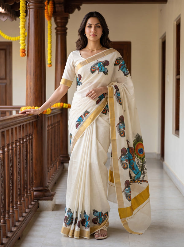 Cotton Off-White Krishna Mural Print Onam Special Kerala Saree