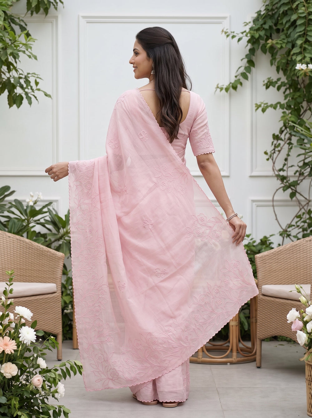 Organza Baby Pink Saree with Floral Vine Cutwork Pallu and Scalloped Border