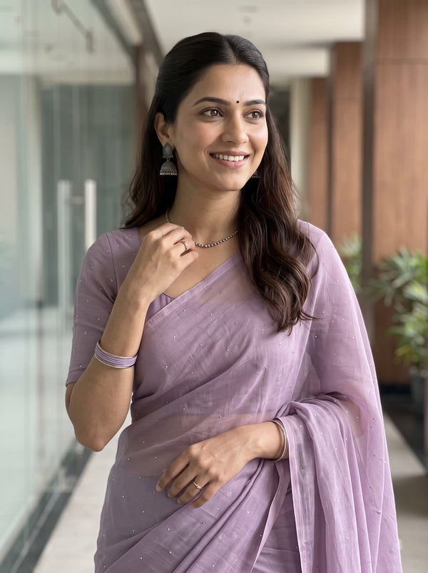 Mul Chanderi Saree in Lavender with Sparkling Sequin Dot Embellishment