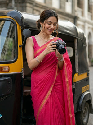 Mul Mul Cotton Rani Pink Plain Saree with Golden Zari Border