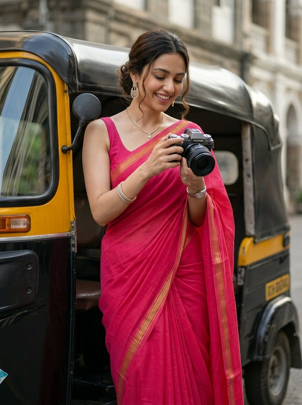 Mul Mul Cotton Rani Pink Plain Saree with Golden Zari Border