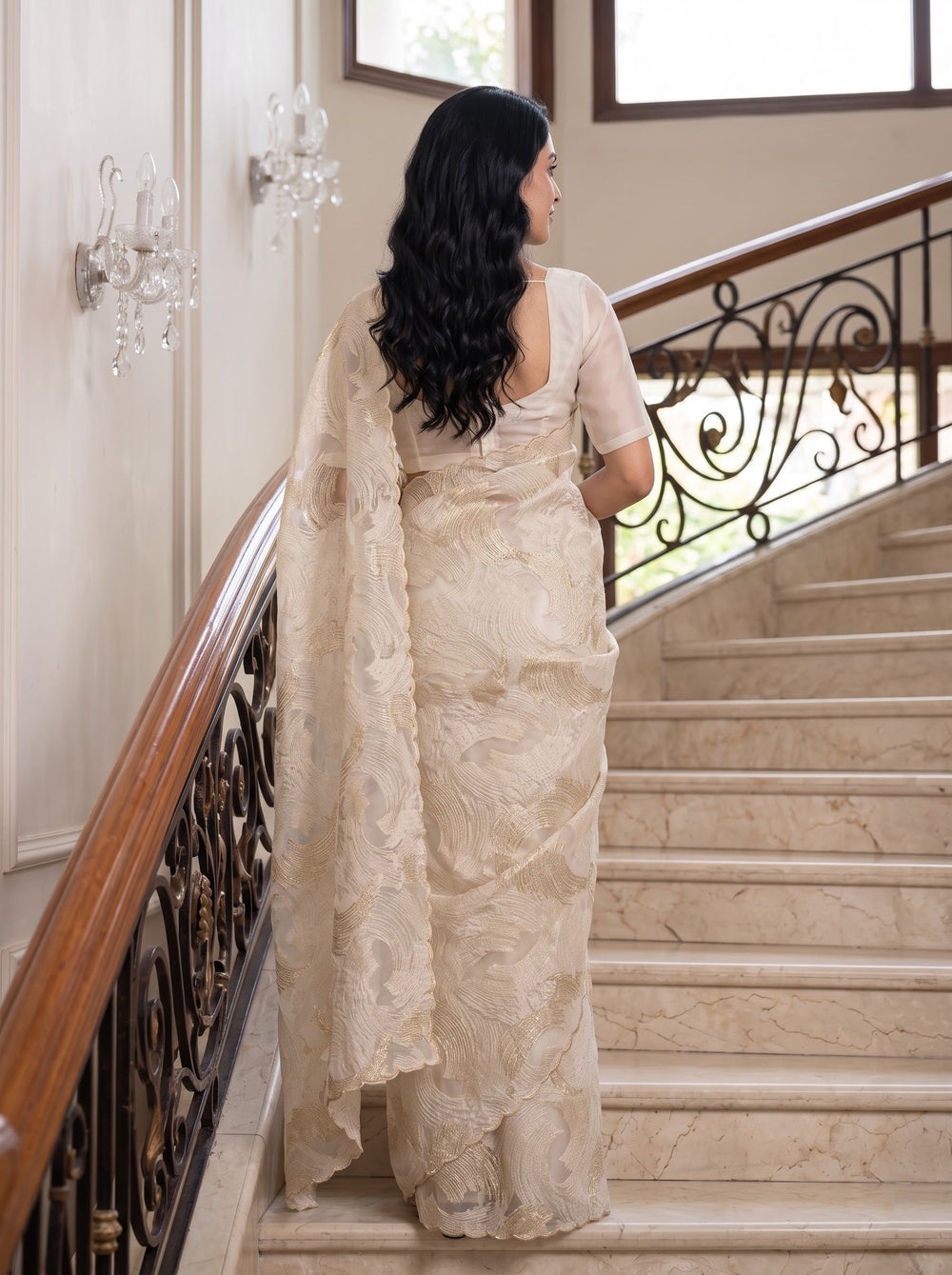 Turkish Organza Cream Golden Wave Brushstroke Embroidery All-Over Saree