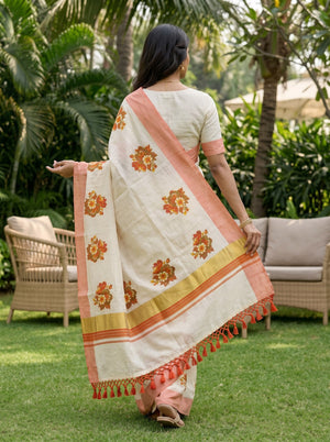 Tissue Cream Kerala Saree with Orange Floral Print Pallu, Golden Zari and Orange Striped Border