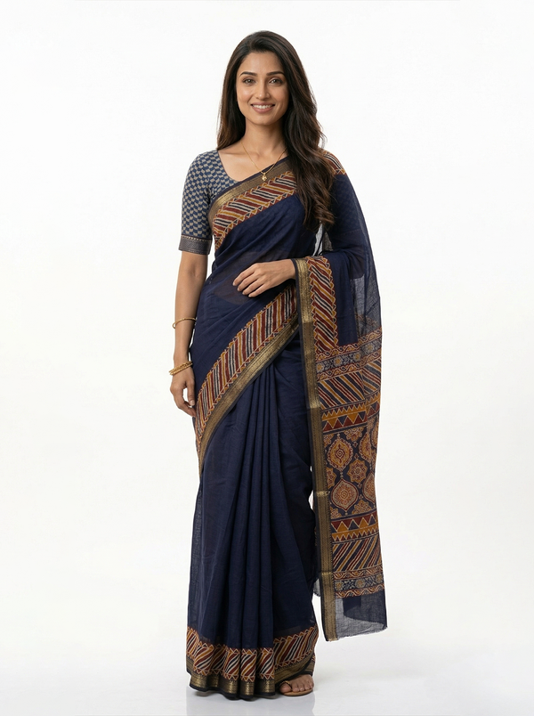 Chanderi Navy Blue Printed Border Saree