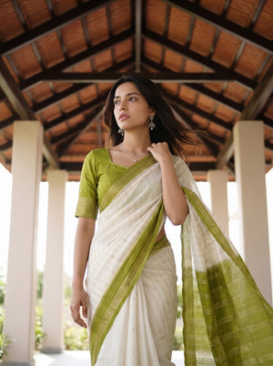 Semi Silk Off-White Butta Print Saree with Mehendi Green Zari Pallu