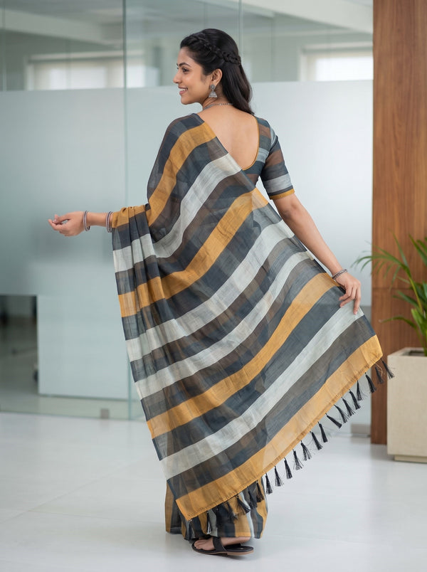 Cotton Black Mustard Orange Cream Multicolor Striped Pallu Black Tassels Saree