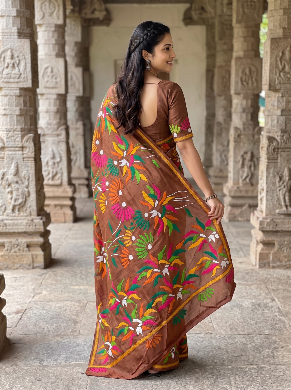 Tussar Silk Rust Orange Saree with Kantha Hand Embroidery Floral Pallu