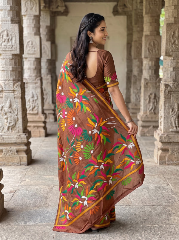 Tussar Silk Rust Orange Saree with Kantha Hand Embroidery Floral Pallu