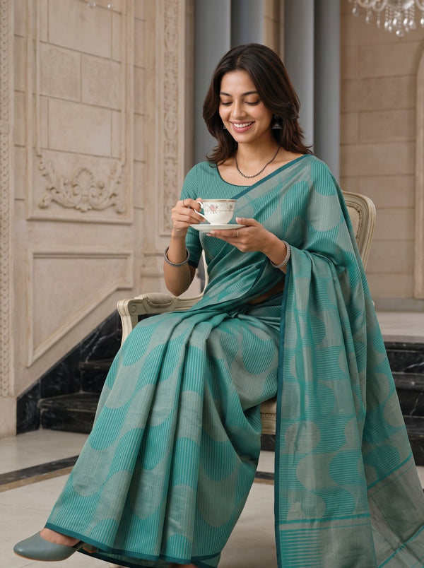 Semi Silk Sea Green Self-Tone Polka Dot Saree with Tassels