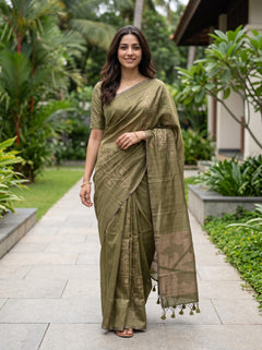 Matka Silk Olive Green Saree with Geometric Trellis and Leaf Jaal Weave