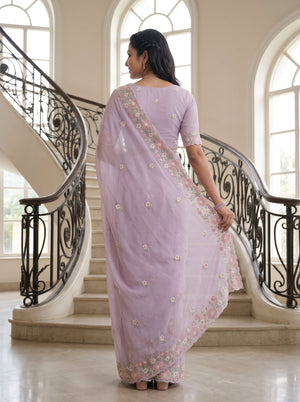 Chiffon Lilac Pink Floral Embroidered Scalloped Border Butta Saree