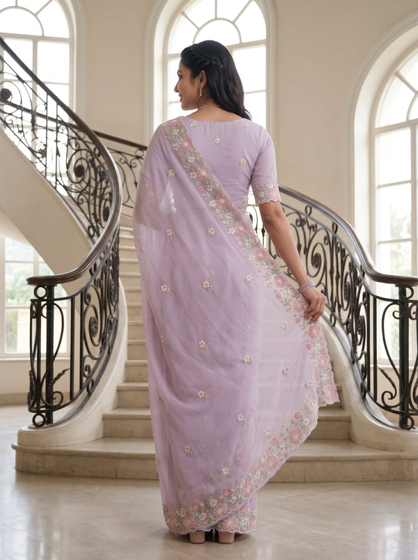 Chiffon Lilac Pink Floral Embroidered Scalloped Border Butta Saree